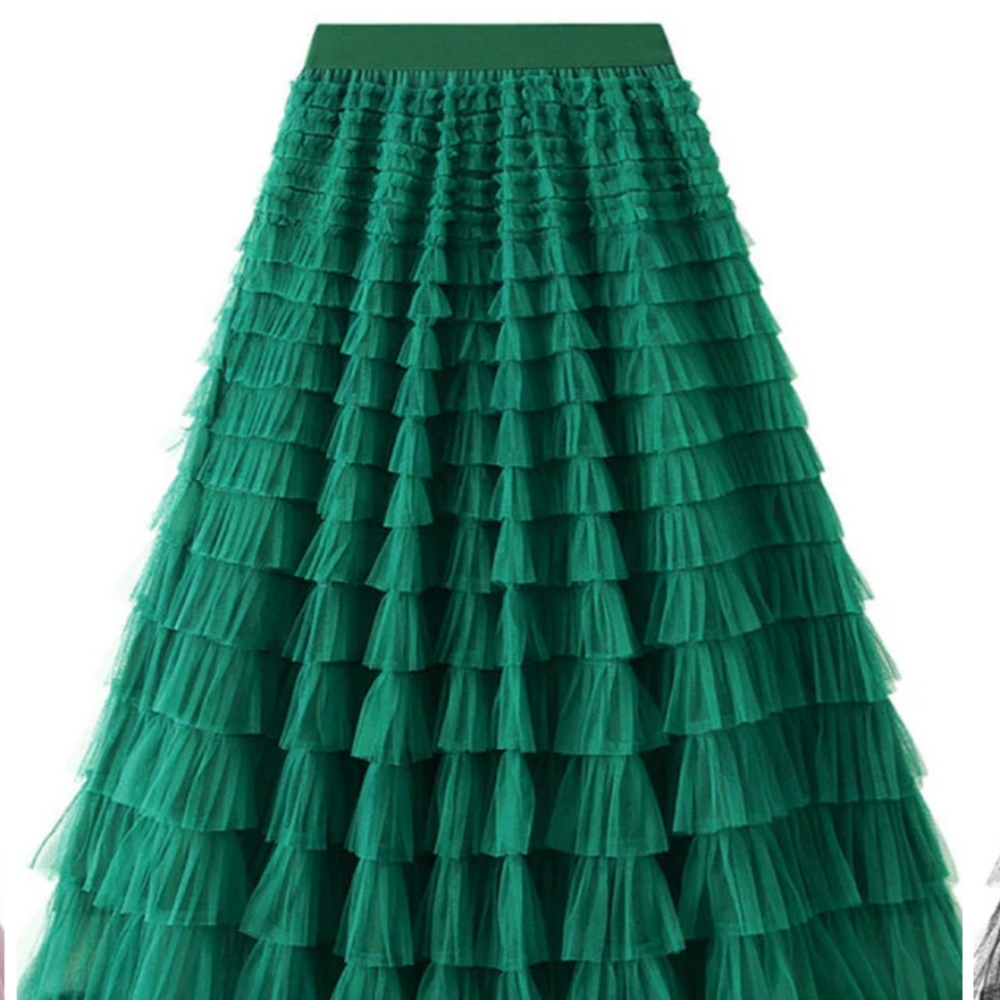 Tiered Elastic Waist Tulle Maxi Green